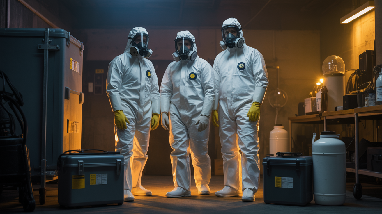 Professional bio-hazard cleaning team in full PPE